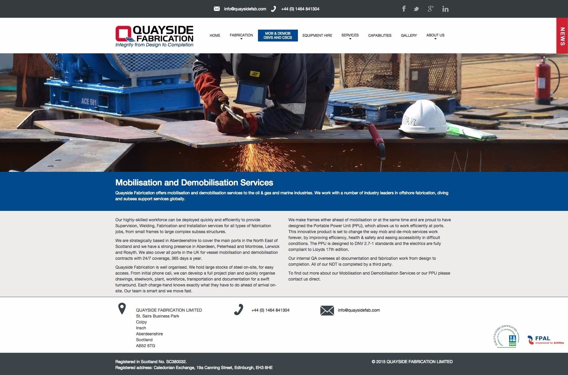 The Quayside Fabrication website, with a welder at work in the header and a page about mobilisation and demobilisation services.