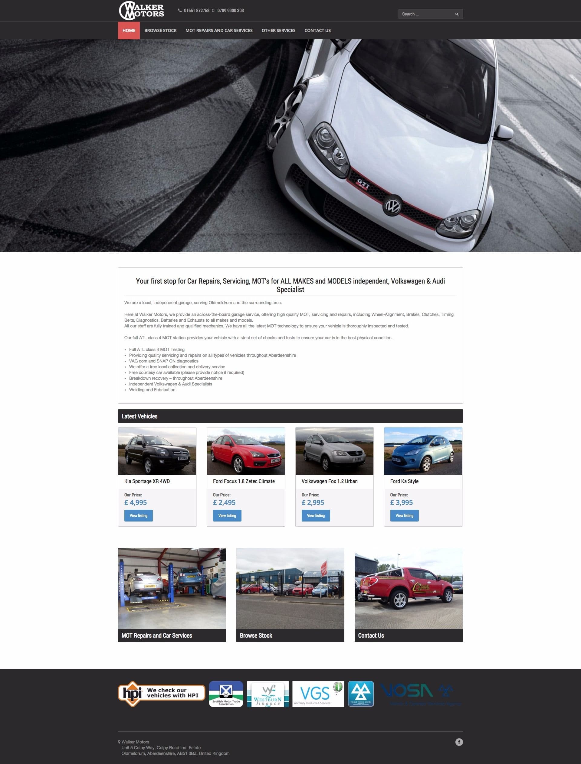 The Walker Motors website, with a car in the header, the latest used vehicles and links to repairs and stock.