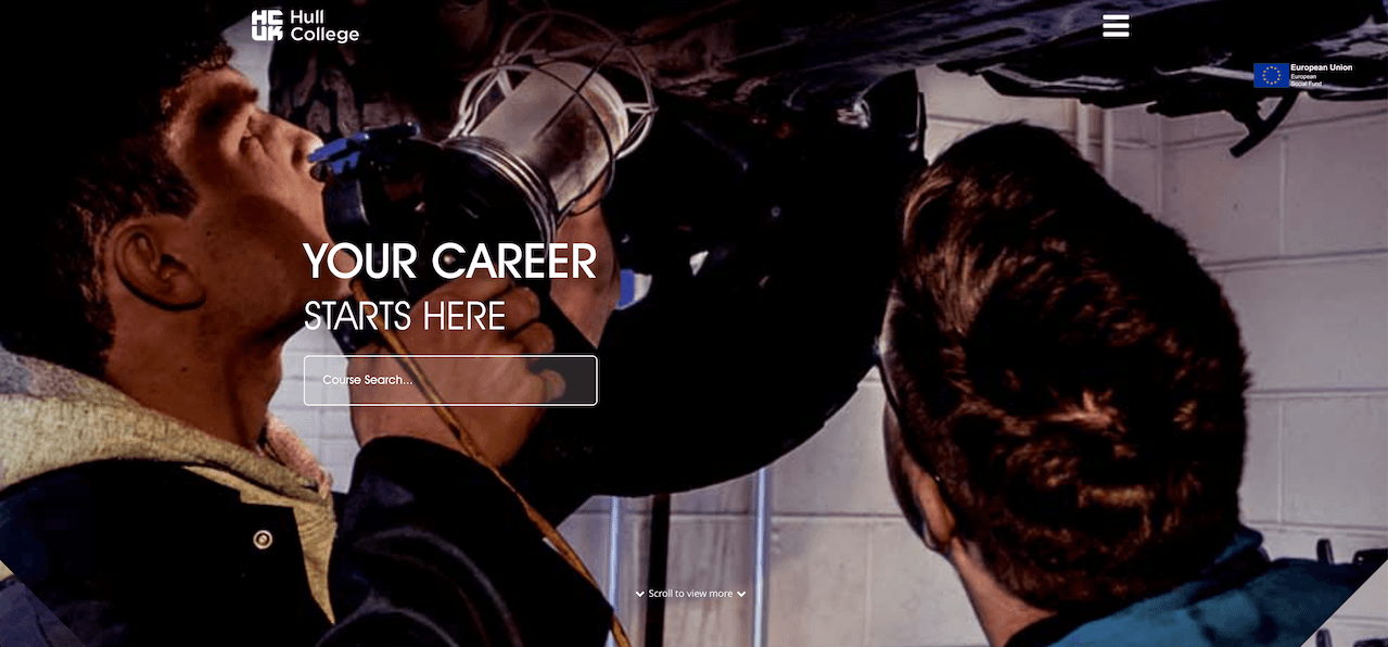 The Hull College homepage, with two mechanics working under a car and a course search box under the heading 'Your career starts here'.