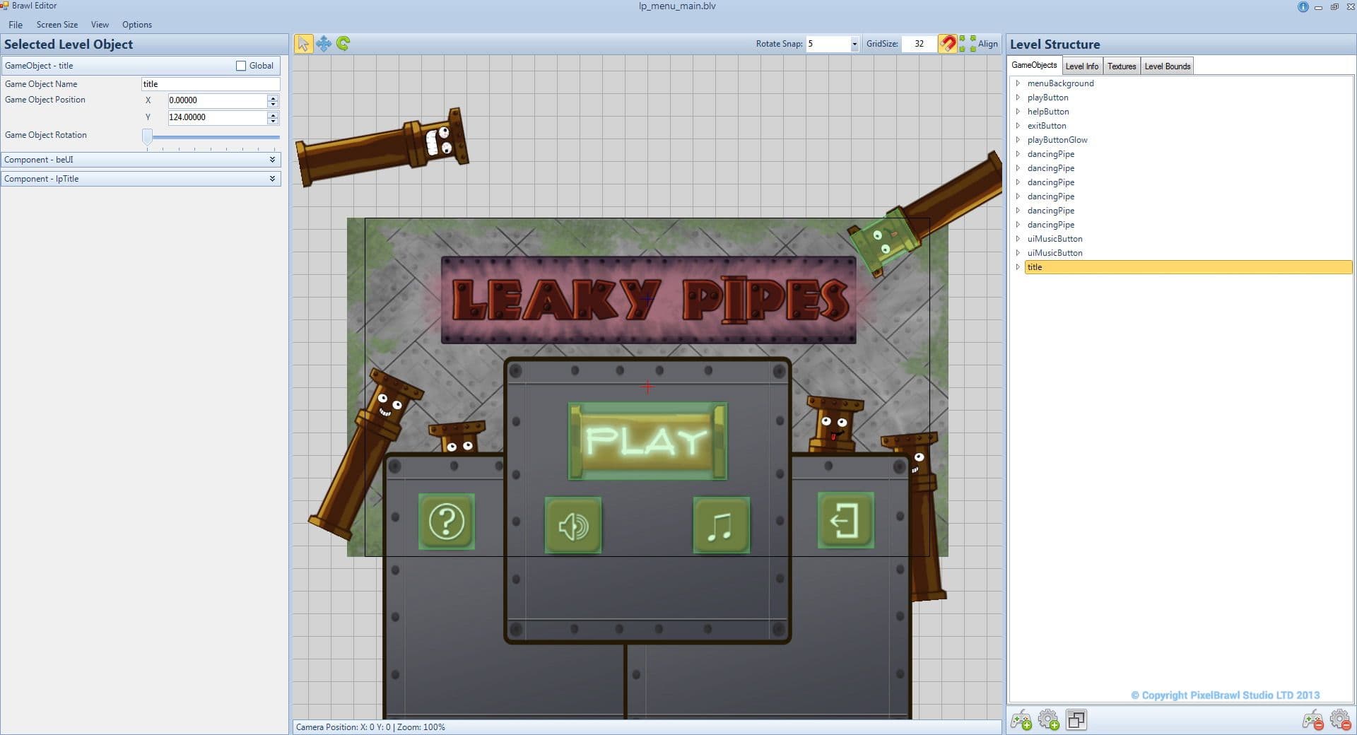 The Brawl Editor level tool with the Leaky Pipes main menu open, beside lists of objects and level properties.