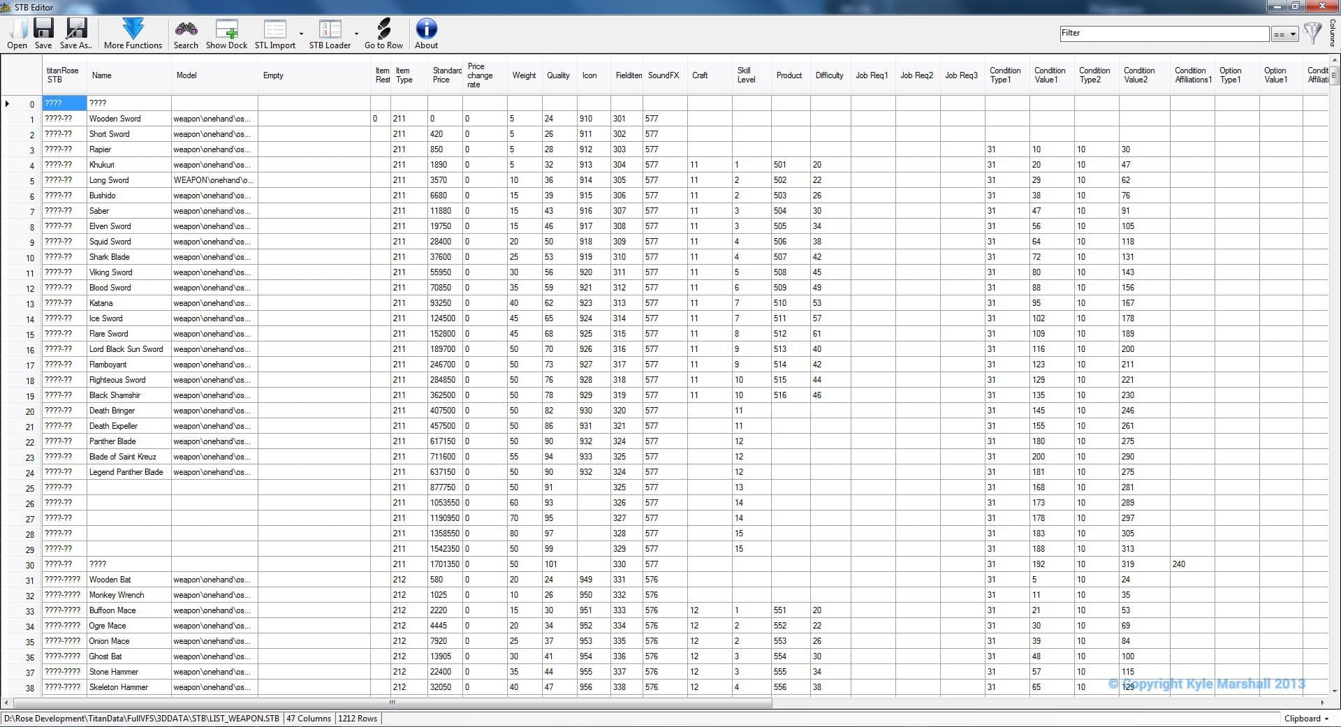 The titanRose item editor, a large spreadsheet-style table of game item data.