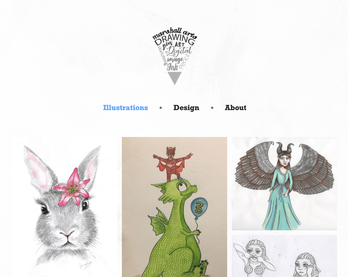 Sophie Marshall's illustration portfolio, a gallery of drawings including a rabbit, a dragon and a winged figure.