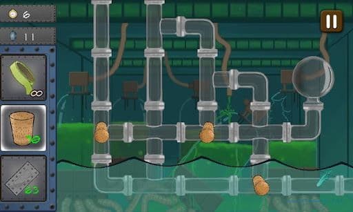 Leaky Pipes gameplay, with a network of glass pipes, corks and tools in a side panel.